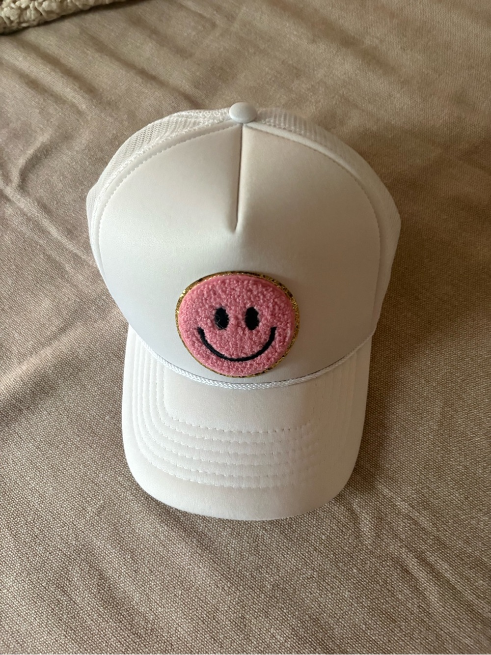 White Kids Trucker Hat with Pink Smile Patch